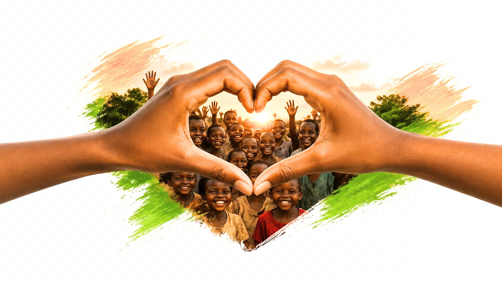 Two hands forming a heart shape, framing a photo of smiling children from the community
