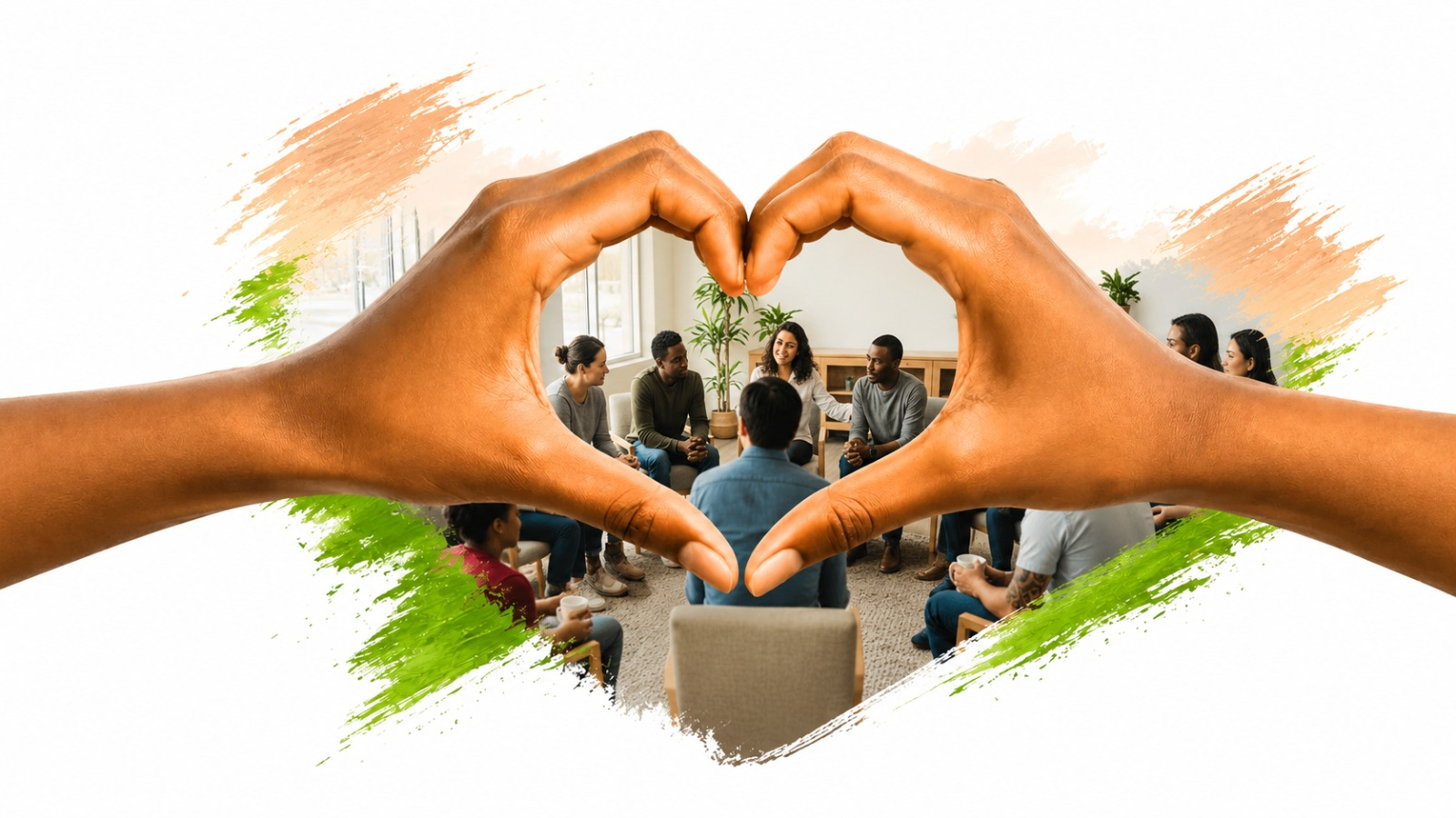 Two hands forming a heart shape, framing a photo of smiling children from the community